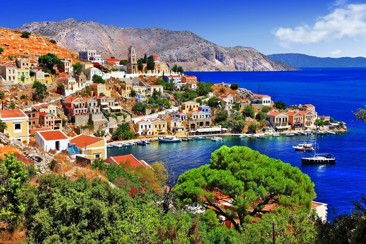 Beautiful yacht charter destination in Greece Symi island for summer family vacation